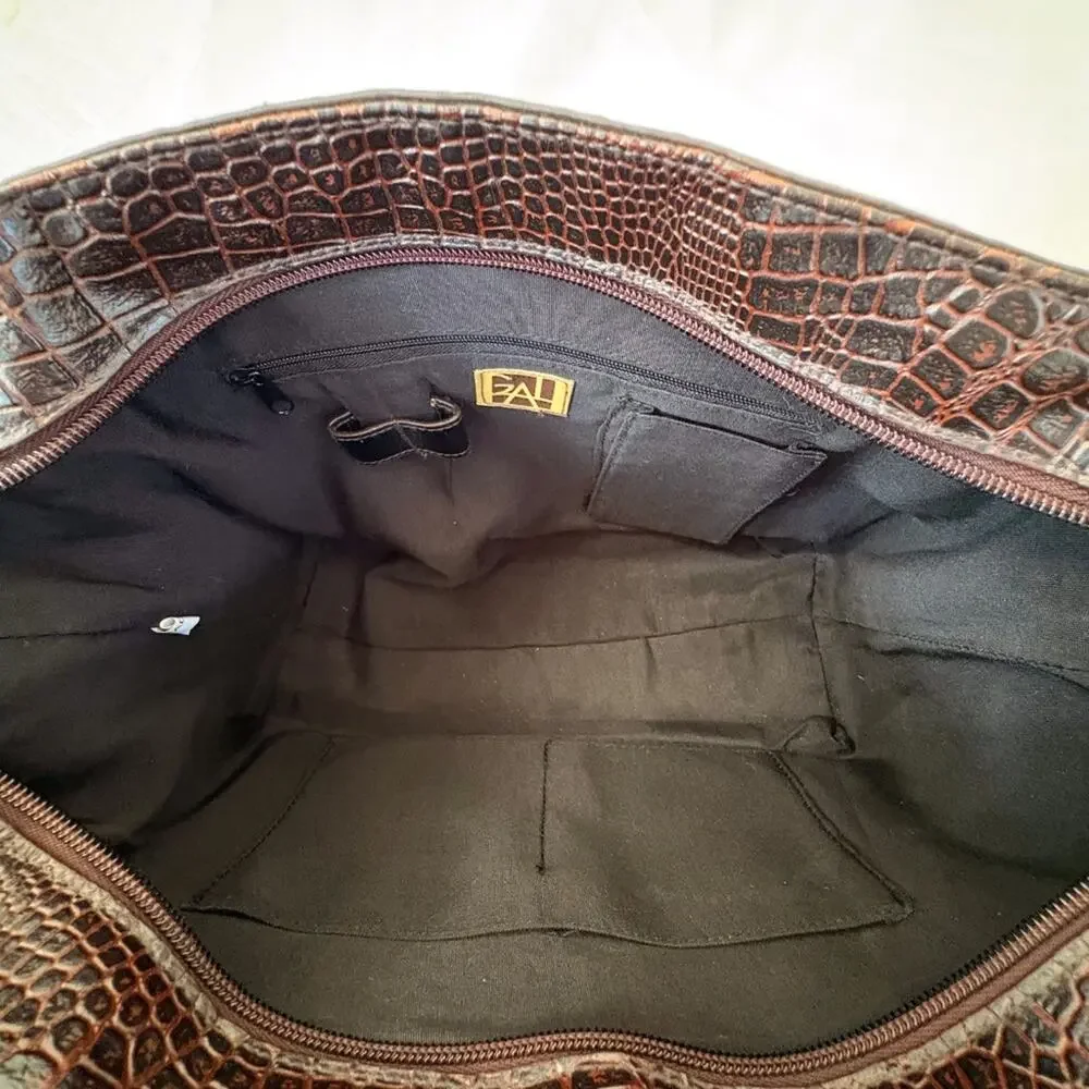 GAL Brown Faux Leather Doctor Purse Handbag Croc Embossed Bowling Bag Minimalist